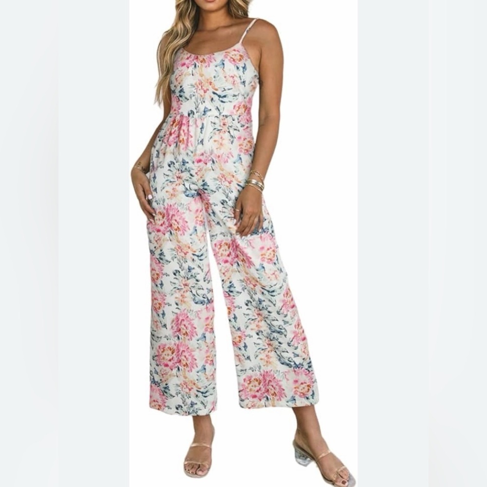 white floral print adjustable spaghetti strap wide leg jumpsuit size medium.